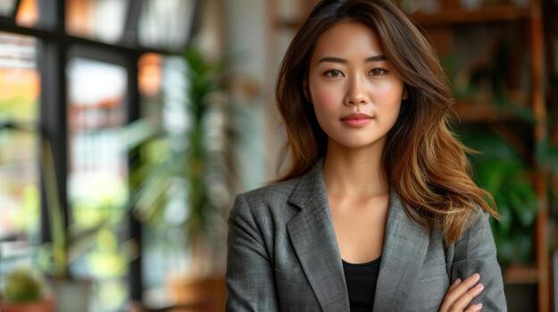 un joven mujer vistiendo un gris chaqueta de sport soportes con confianza en un interior ajuste foto