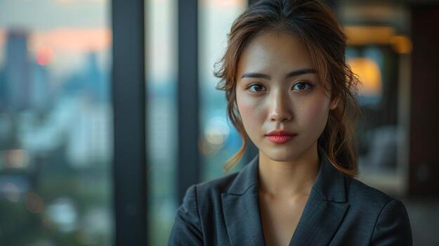 un joven mujer mira directamente a el cámara en un oficina ajuste foto