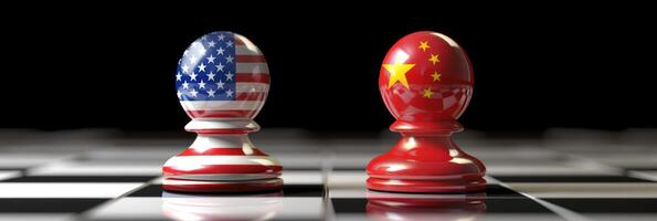 Two chess pieces, one with the American flag and the other with the Chinese flag, stand on opposite sides of a chessboard photo