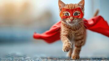 A cute ginger kitten wearing a red mask and cape runs towards the camera with a determined expression photo