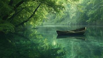 Serene boat on a calm river surrounded by lush greenery. photo