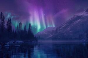 Stunning depicting the aurora borealis display over a serene mountain lake at night photo