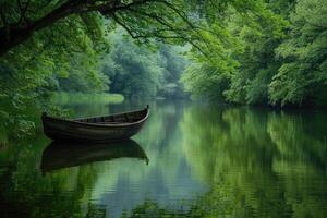 Serene boat on a calm river surrounded by lush greenery. photo