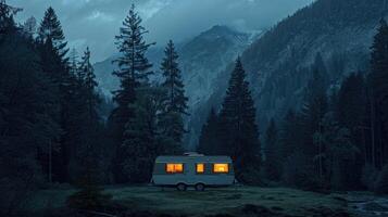 A caravan parked in a tranquil forest setting with misty mountains in the background during twilight photo