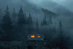 A caravan parked in a tranquil forest setting with misty mountains in the background during twilight photo