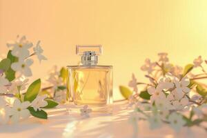 Elegant clear perfume bottle surrounded by delicate white flowers on a warm yellow background photo