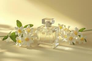 Elegant clear perfume bottle surrounded by delicate white flowers on a warm yellow background photo