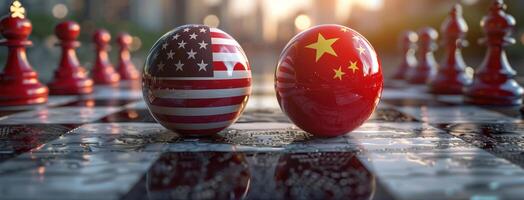 A chessboard with the flags of the United States and China on opposite sides, symbolizing the global power dynamic photo