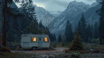 A caravan parked in a tranquil forest setting with misty mountains in the background during twilight photo
