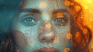A close-up portrait of a womans face illuminated by the warm glow of a setting sun photo