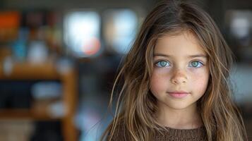 A young girl with long brown hair looks directly at the camera with a serene expression photo