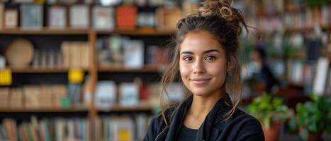 A young woman with a warm smile and a messy bun stands in front of a bookshelf full of books, her eyes gleaming with the promise of adventure photo