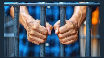 A close-up image of a mans hands gripping the bars of a prison cell, conveying a sense of confinement and longing for freedom photo