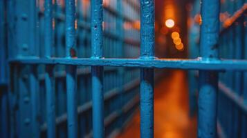 Close-up view of a jail cells bars with warm, orange lighting emanating from the corridor beyond photo