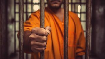 An inmates hand grasps the bars of a prison cell, their face obscured, symbolizing the weight of confinement photo