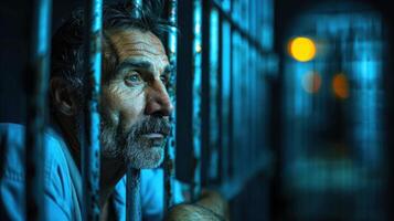 A man gazes out from behind prison bars, his eyes filled with longing and a hint of desperation photo