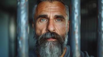 A close-up portrait of a bearded man looking directly at the camera, his gaze intense and resolute photo