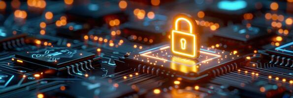 A glowing padlock icon sits on a circuit board, symbolizing the importance of cybersecurity in the digital age photo