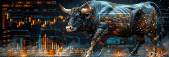 A digital bull charges through a maze of data, representing the power of the market photo
