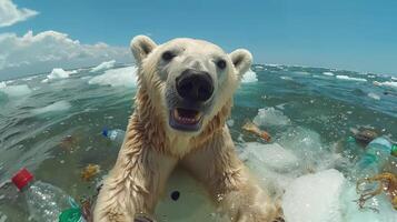 A polar bear swims through icy waters littered with plastic debris photo