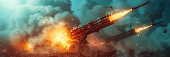 A missile launcher fires off several missiles in a powerful volley, creating a dramatic and fiery display photo