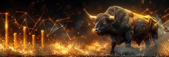 A powerful bull charges forward, symbolizing market growth, amidst a fiery backdrop of financial charts and data photo