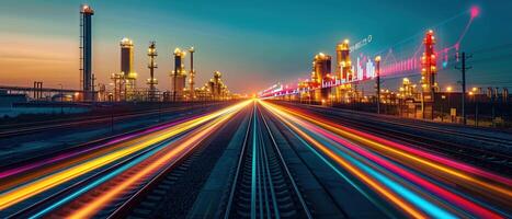 A nighttime view of a factory complex with train tracks in the foreground. The tracks are illuminated with colorful light trails from passing trains photo