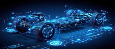 A digital rendering of an electric car chassis illuminated with blue glow, showcasing its intricate inner workings photo