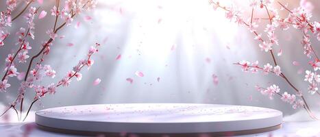 White platform in a scene with pink cherry blossoms falling, creating a dreamy spring atmosphere photo
