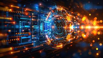 A futuristic digital gateway with glowing lines and abstract patterns photo