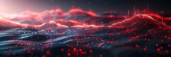 A digital rendering of a red, glowing mountain range at sunset photo