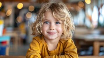 A portrait of a young child with blonde curls smiling brightly in a cafe photo