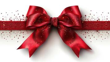 A red satin ribbon bow tied with a perfect knot, adorned with sparkling glitter, against a white backdrop photo