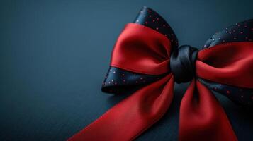 A red bow with black polka dots, tied with a black ribbon, sits on a deep blue background photo