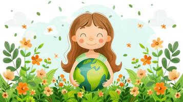 A smiling girl holds a green globe in her arms surrounded by blooming flowers and greenery photo