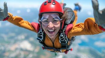 A skydiver smiles brightly while freefalling from a plane, with a blue sky and clouds behind them photo