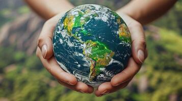A close-up image of a persons hands holding a miniature globe, symbolizing the delicate nature of our planet photo