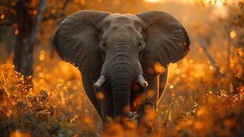 A lone African elephant walks through tall grass bathed in the warm glow of the setting sun photo