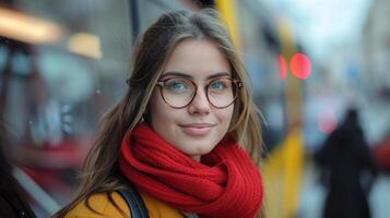A woman wearing a red scarf and glasses smiles at the camera, standing in front of a bustling city street photo