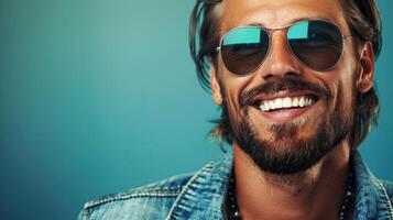 A close-up portrait of a man wearing sunglasses and smiling brightly against a teal background photo
