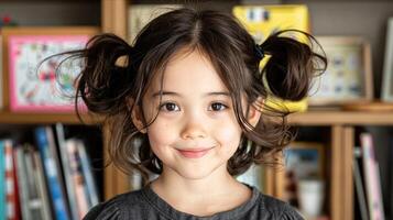 A young girl with dark hair and pigtails smiles brightly while standing in front of a bookshelf photo