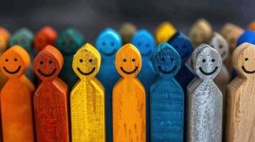 A close-up shot of colorful wooden figures with painted-on smiles standing in a row photo