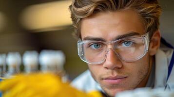 A close-up portrait of a young scientist wearing safety goggles, intently studying a sample in a laboratory setting photo