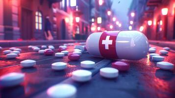 A large pill with a red cross lies in the middle of a street illuminated by neon lights photo