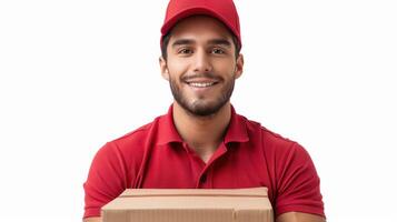 A delivery driver in a red uniform smiles warmly while holding a cardboard box photo