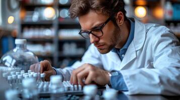 A scientist meticulously examines a series of test tubes in a laboratory setting photo