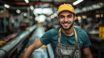 A man in a yellow cap and apron smiles confidently as he works on a factory floor photo