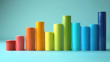 An image of 9 colorful cylinders of varying heights, arranged in a rainbow gradient on a light blue background photo