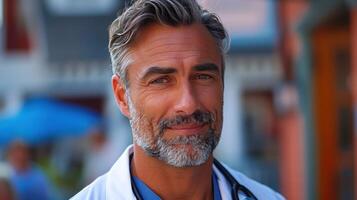 A doctor with a white coat and stethoscope smiles while standing in an urban setting photo