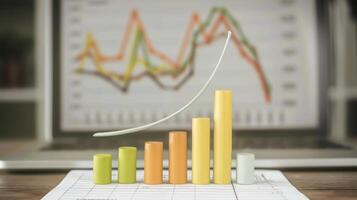 A bar graph with ascending bars in various colors sits on a desk with a line chart in the background photo